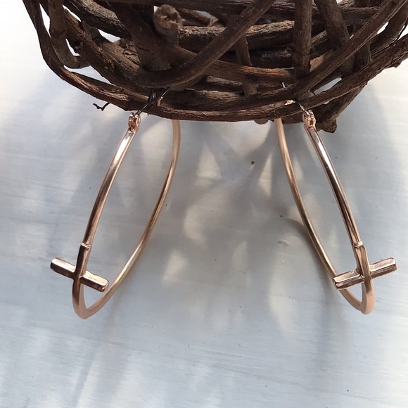 1 Left! Rose Gold Tone Hoop Earrings with Cross ✝️ - Picture 7 of 8